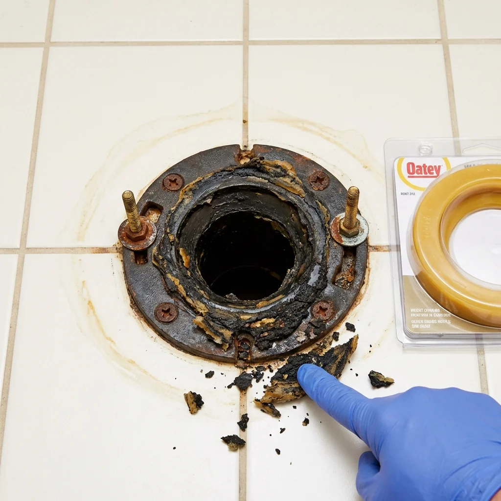Failed wax ring showing water seepage at the base of a toilet in a Clear Lake, SD home